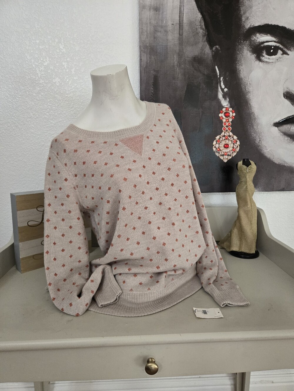 NWT Maison Jules Women's Cream Pullover Sweater with Orange Dot Pattern Size Med